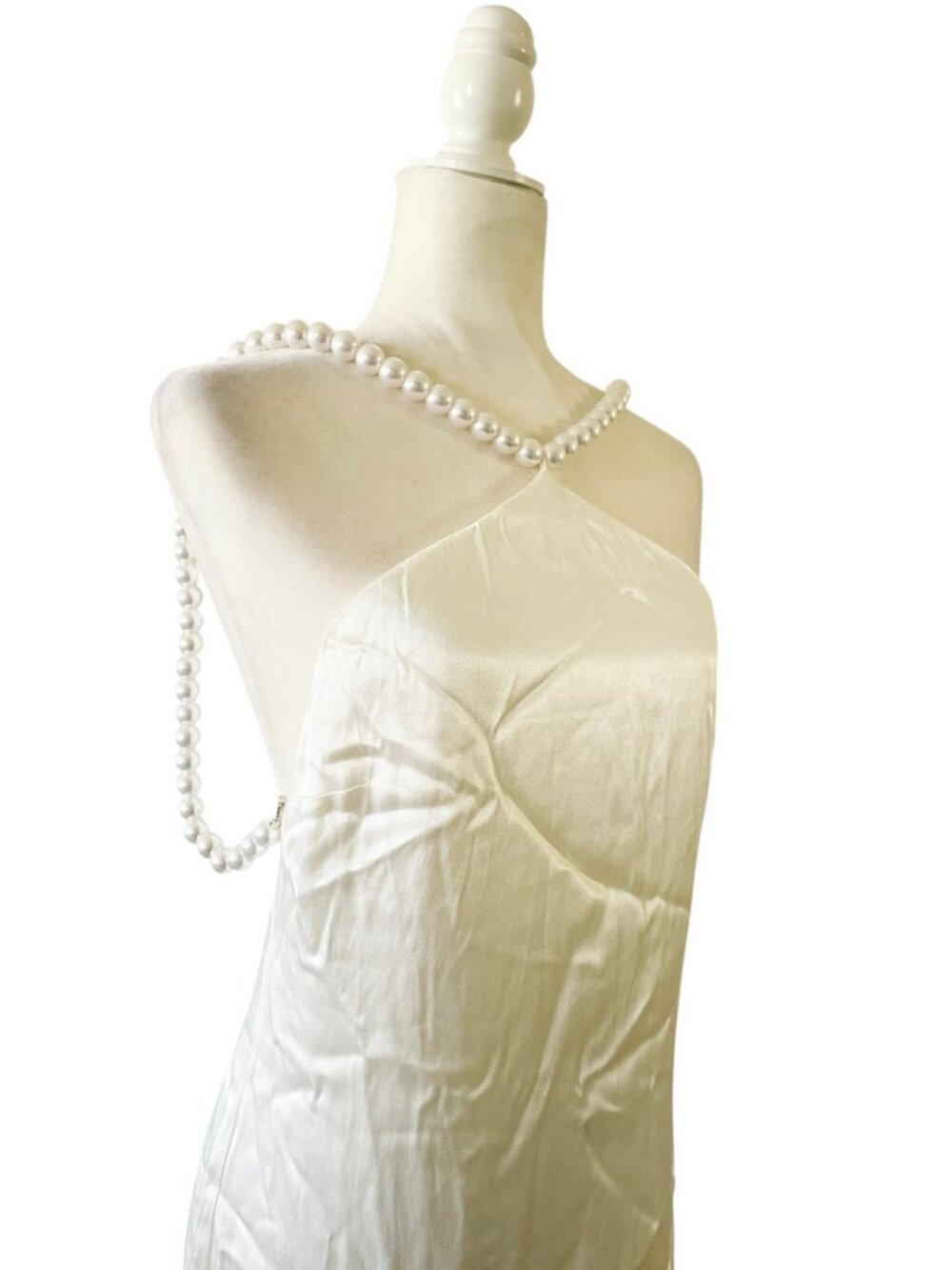 NEW Meshki Blanche Satin Pearl Halter Maxi Dress SZ S Bridal Formal Elegant - Picture 2 of 14